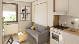 skrita postelja z dvosedom za garsonjero