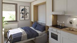 skrita postelja z vgradno oamro v garsonjeri