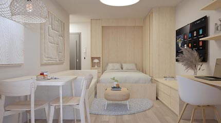 odprta skrita postelja po meri v garsonjeri